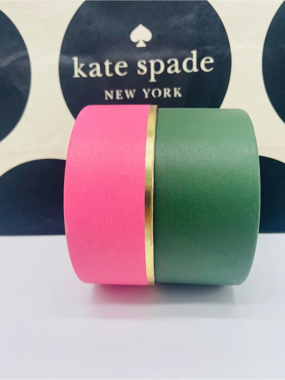 kate spade Pink and Green Round Gift Box with Gold Trim New